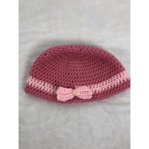 Handmade Crochet Hat Beanie Fitted Kids Pink Bow Button Light Pink Stripe